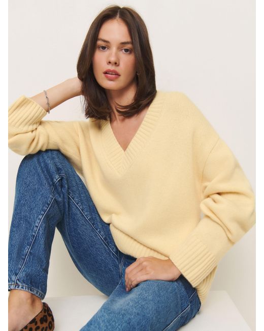 Reformation Blue Jadey Cashmere Oversized V-Neck Sweater