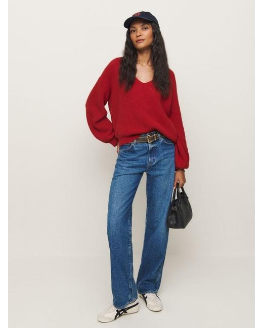 Reformation Red Ellery Cashmere Blend Oversized V-Neck Sweater