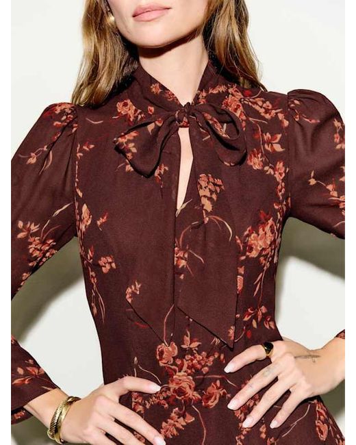 Reformation Long-Sleeve Mini Tie-Neck Dress in Red | Lyst
