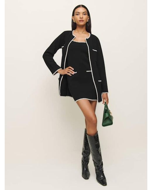 Reformation Black Isabelle Regenerative Wool Embroidered Sweater Dress