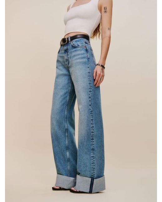Reformation Blue Cary Cuffed High Rise Slouchy Wide Leg Jeans