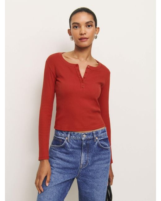 Reformation Red Slim Fitted Henley Tee