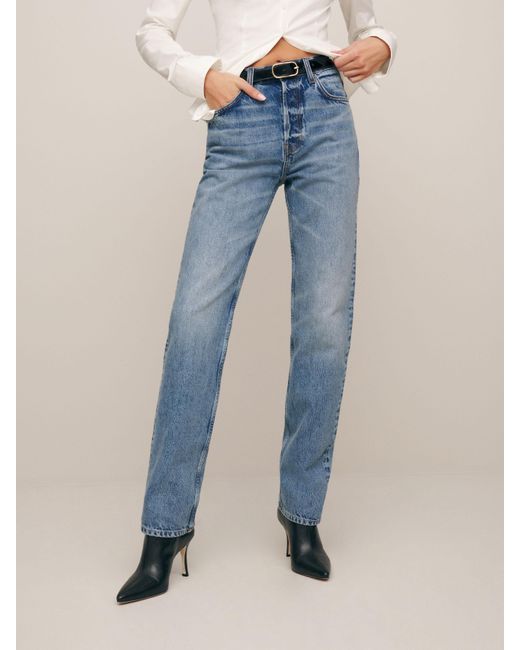 Reformation Blue Rowe Mid Rise Relaxed Straight Jeans