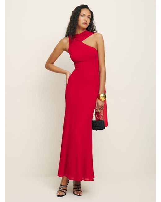 slim fit dress slacks NEW Reformation Green Rosalind Halter Plunge V Cocktail A Line Maxi Dr   Brie
