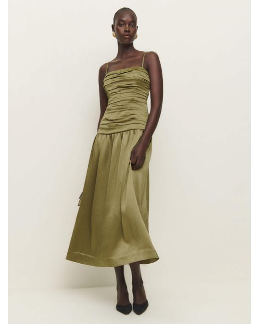 Casual Midi Dress Lime Green Dress Uk Reformation Zeya Satin Dress In Green  Lyst