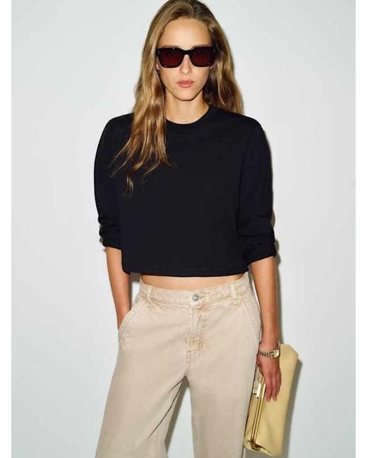 Reformation Black Relaxed Cropped Crew Sweatshirt