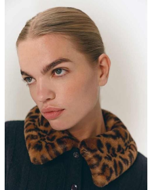 Reformation Blue Hannah Crew Cardigan Leopard Faux Fur Collar Wool