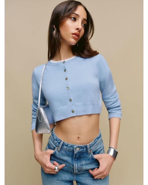 Reformation Blue Janie Cashmere Crew Cardigan