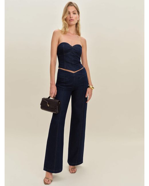 Reformation Blue Arana Stretch Low Rise Trouser Wide Leg Jeans Denim