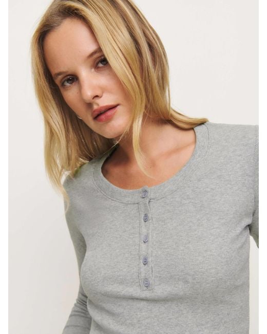 Reformation Gray Slim Fitted Henley Long-Sleeve Tee