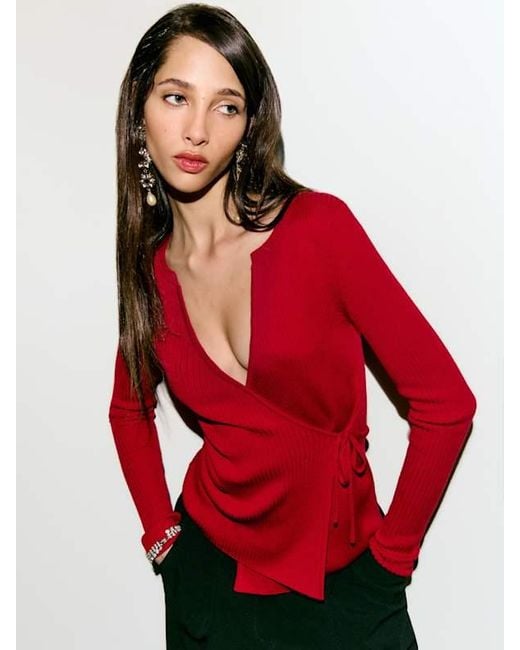 Reformation Red Caroline Regenerative Merino Wrap Sweater