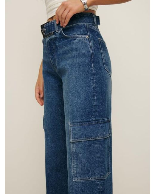 Reformation Blue Cary Belted Cargo High Rise Slouchy Wide Leg Jeans