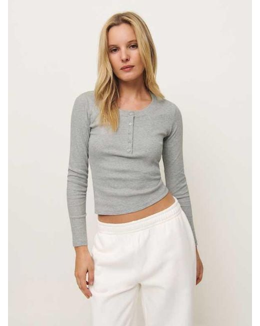Reformation Gray Slim Fitted Henley Long-Sleeve Tee