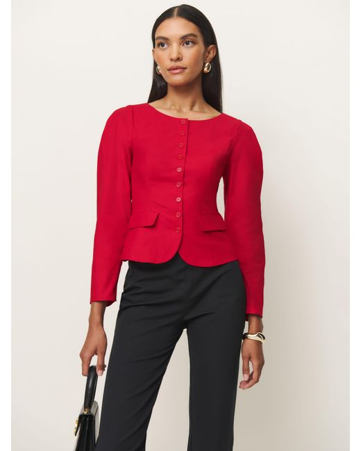 Reformation Red Long-Sleeve Button-Front Puff Sleeve Top