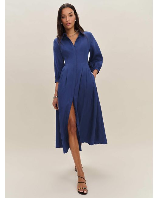 Reformation Blue Tara Linen Dress French 0