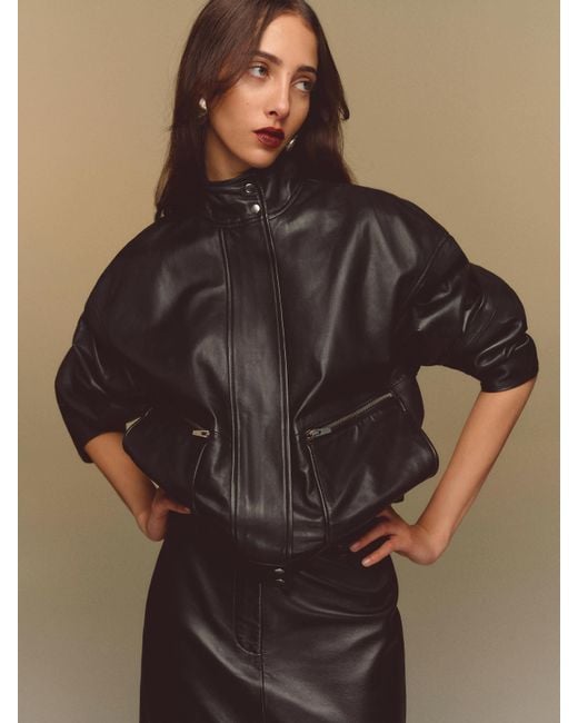 Reformation Gray Veda Harrison Leather Oversized Bomber