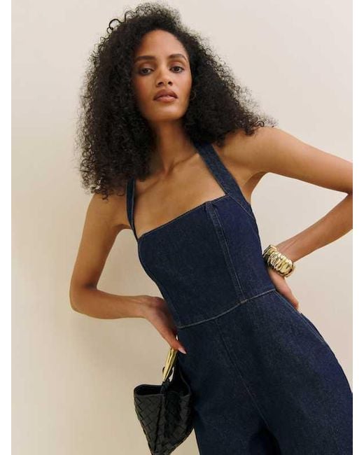 Reformation Blue Danna Halter Denim Jumpsuit