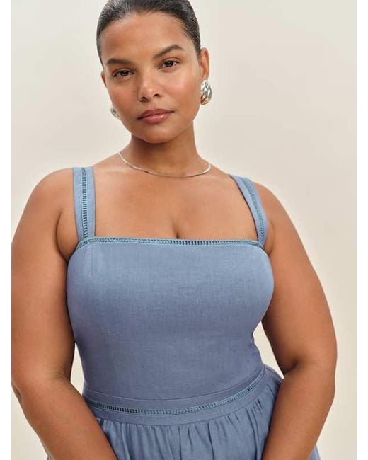 Reformation Blue Everett Linen Dress Es 14
