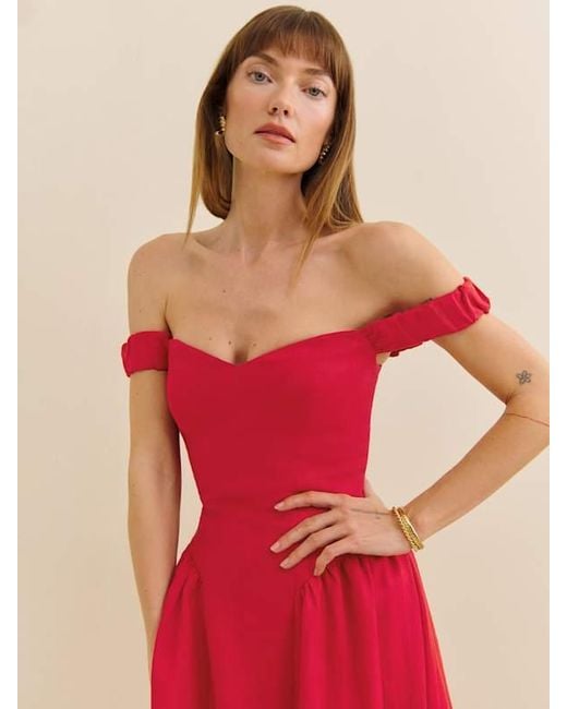 reformation red off the shoulder dress Reformation Monet Linen Dress 2 in Red