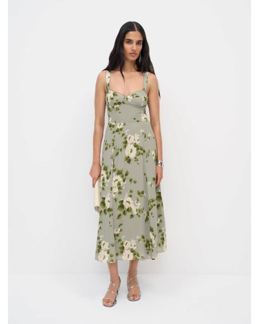 reformation green and white dress Reformation Petite Courts Dress White Linen/Green