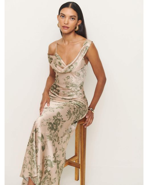 Reformation Asymmetric Cowl Neck Silk Maxi Dress in Natural
