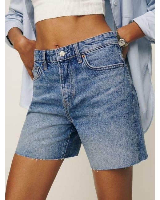 Reformation Blue Raye Mid Rise Relaxed Jean Shorts