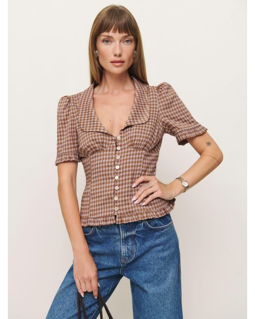 Reformation Blue Collared Button-Front Short-Sleeve Top