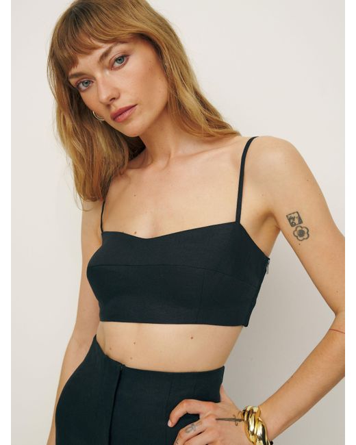 Reformation Black Amery Linen Cropped Top