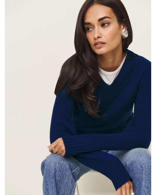 Reformation Blue Dulce Cashmere V-Neck Sweater