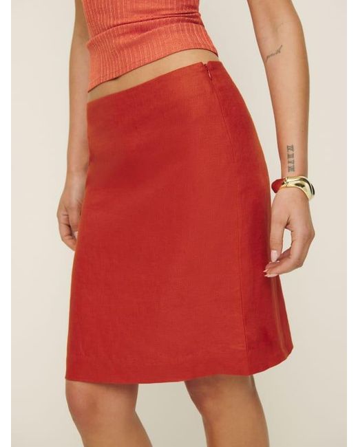Reformation Red Rina Low Waisted Linen Skirt