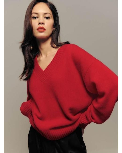Reformation Red Jadey Cashmere Oversized V-Neck Sweater