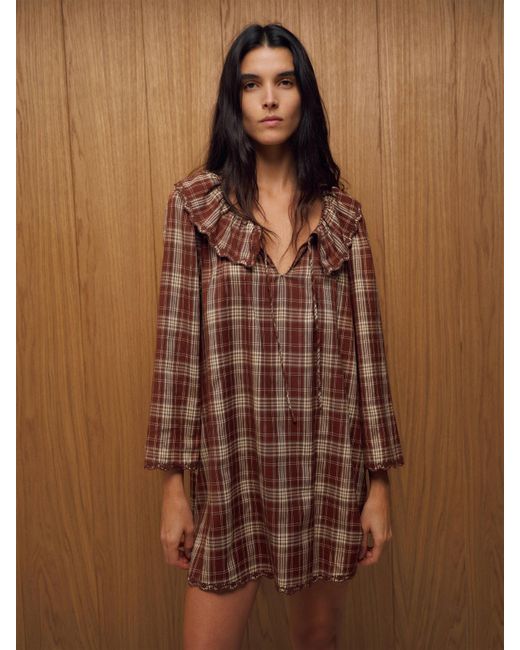 reformation brown checkered dress Madeline Sleep in Leannah dress