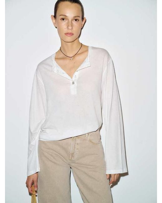 Reformation White Marcus Oversized Henley T-Shirt