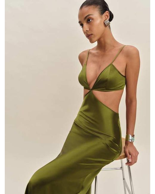 Reformation Green Poppies Silk Dress