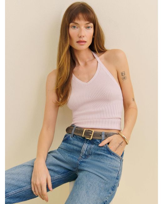 Reformation Blue Delia Ribbed Halter Top