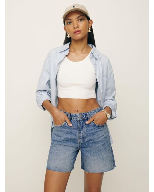 Reformation Blue Raye Mid Rise Relaxed Jean Shorts