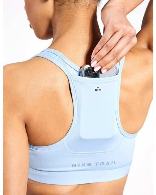 Nike Blue Trail Swoosh On-the-run Medium-support Lightly Lined Sports Bra Polyester