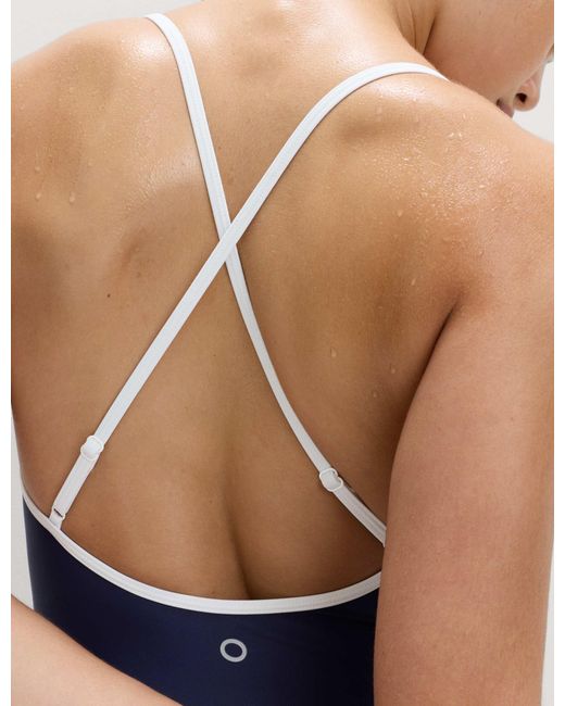 GOODMOVE Blue Women's Tummy Control Contrast Scoop Neck Swimsuit