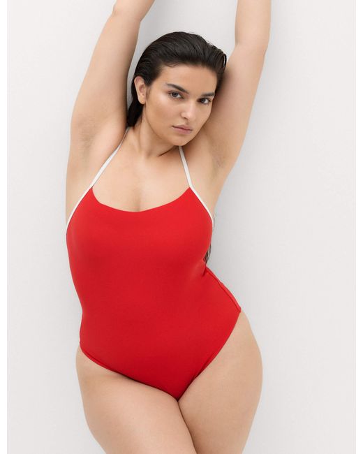GOODMOVE Red Women's Tummy Control Contrast Scoop Neck Swimsuit