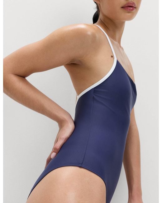 GOODMOVE Blue Women's Tummy Control Contrast Scoop Neck Swimsuit