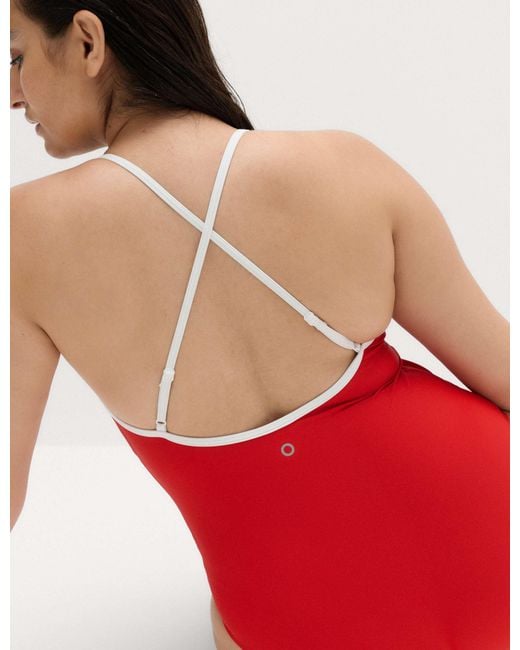 GOODMOVE Red Women's Tummy Control Contrast Scoop Neck Swimsuit