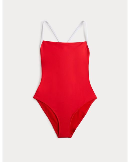 GOODMOVE Red Women's Tummy Control Contrast Scoop Neck Swimsuit
