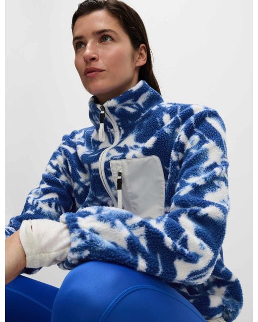 GOODMOVE Blue Women's Borg Printed Funnel Neck Zip Up Fleece Jacket
