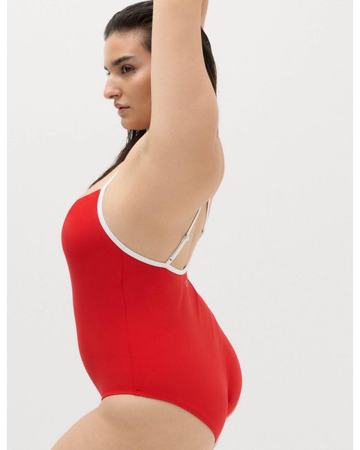 GOODMOVE Red Women's Tummy Control Contrast Scoop Neck Swimsuit