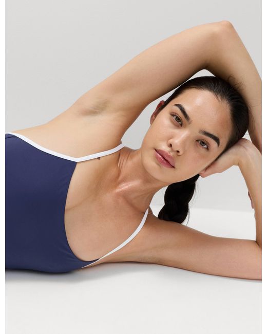 GOODMOVE Blue Women's Tummy Control Contrast Scoop Neck Swimsuit