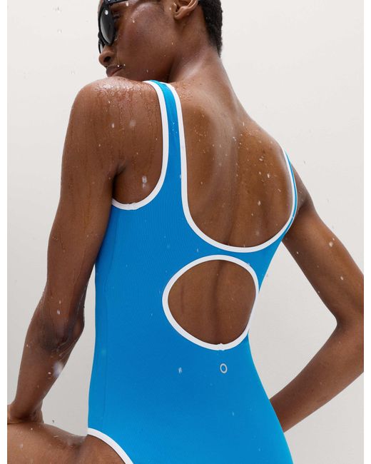 GOODMOVE Blue Women's Tummy Control Padded Ribbed Swimsuit