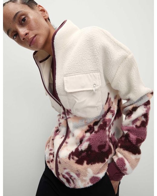 GOODMOVE White Women's Borg Printed Funnel Neck Zip Up Fleece Jacket