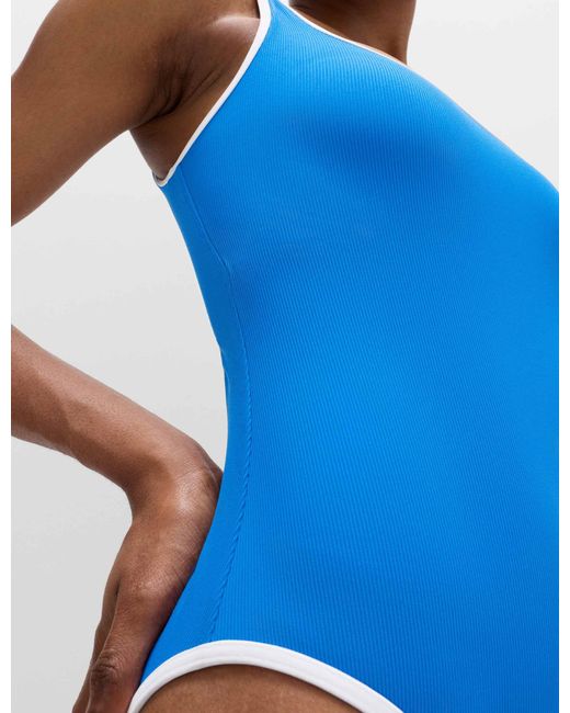 GOODMOVE Blue Women's Tummy Control Padded Ribbed Swimsuit