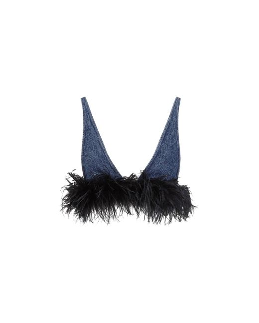 Miu Miu Blue Cotton Top With Feathers