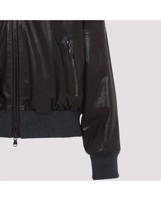 Brunello Cucinelli Black Shearling Collar Leather Jacket